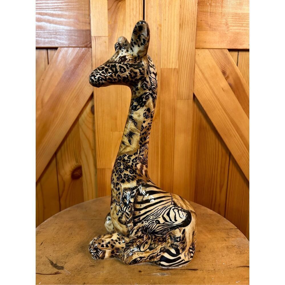 La Vie ceramic "mother" giraffe patchwork design safari animal prints 1980s 11"